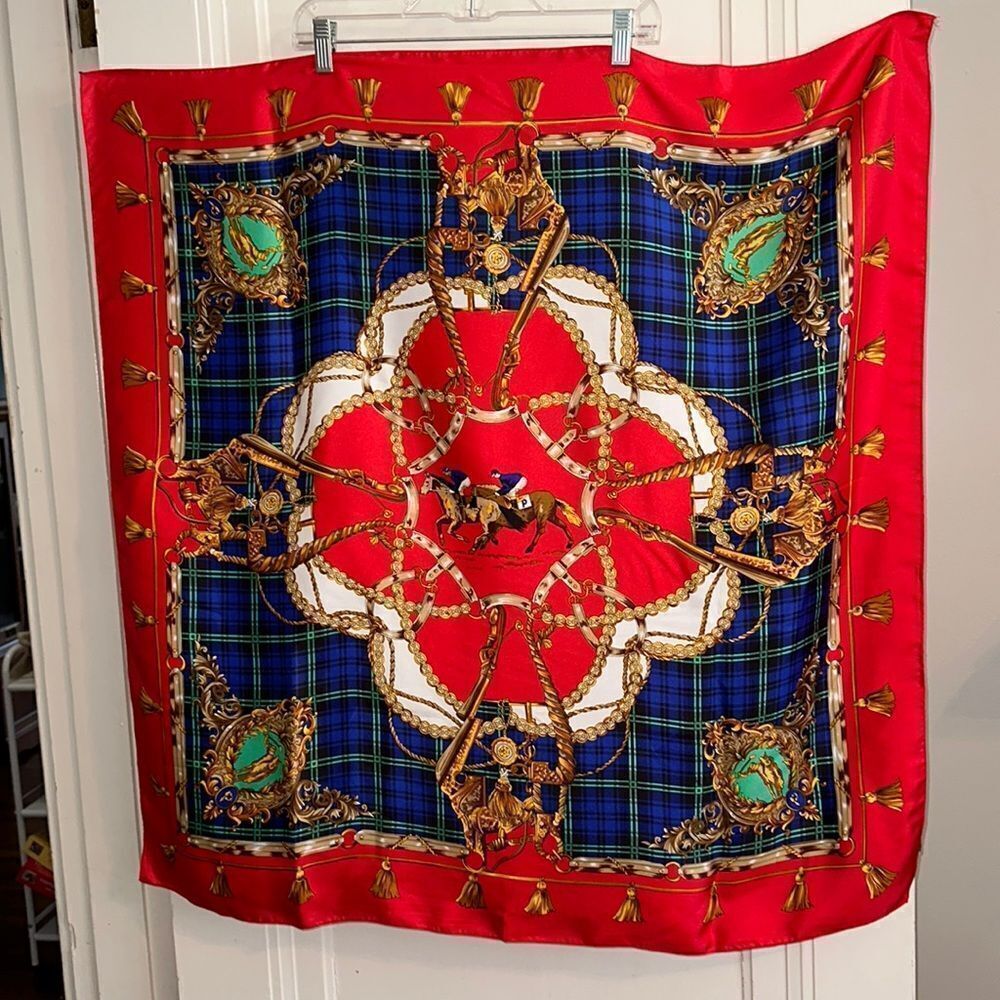 Vintage 80s/90s large polo, horses, bridle themed red, blue & gold scarf‎